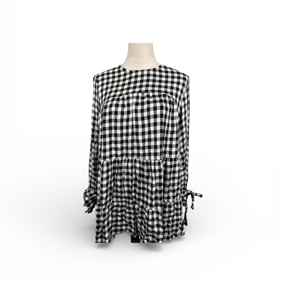 Zara black/white checked print long sleeve dress tie sleeve top size medium